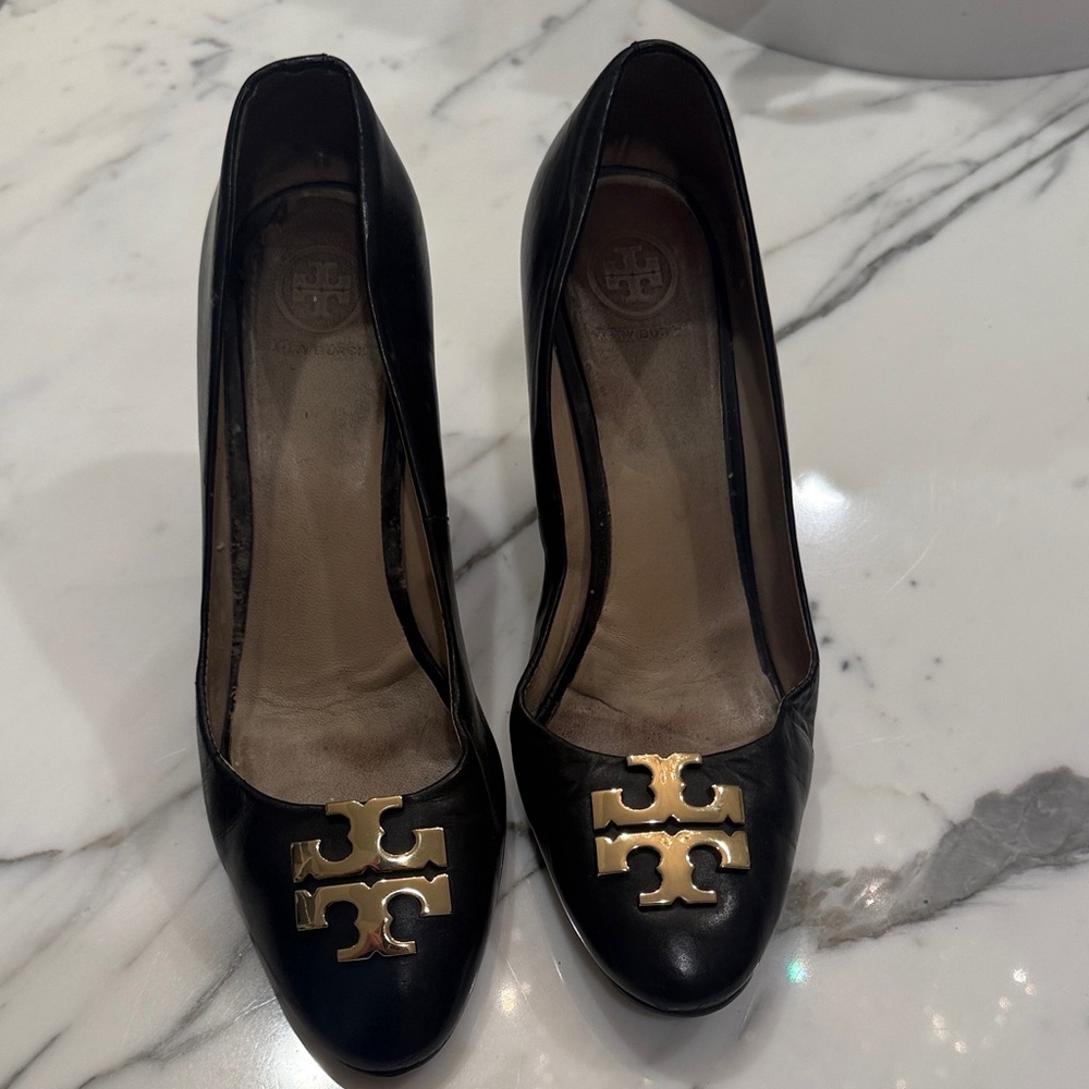 Tory Burch Black Heels with Gold Logo